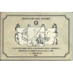 1992 REPUBBLICA ITALIANA 500 L 5 CENT SCOPERTA AMERICA 4 EMISSIONE FDC MF23796