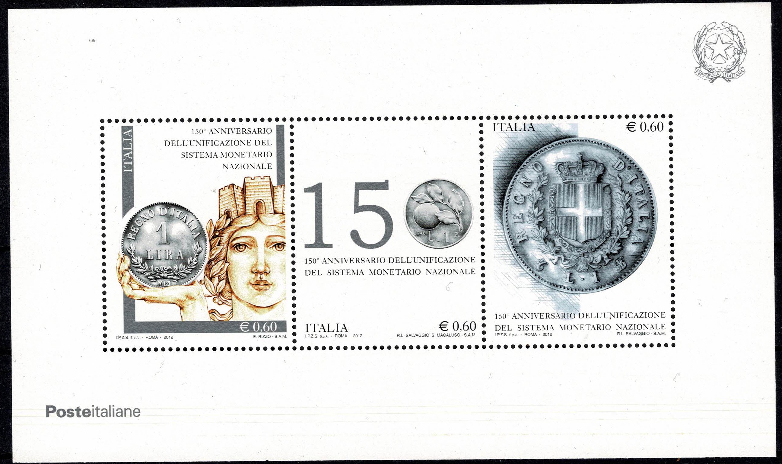 2012 ITALIA 150° ANNIV. UNIFICAZIONE MONETARIA BF - FOGLIETTO MNH MF106256