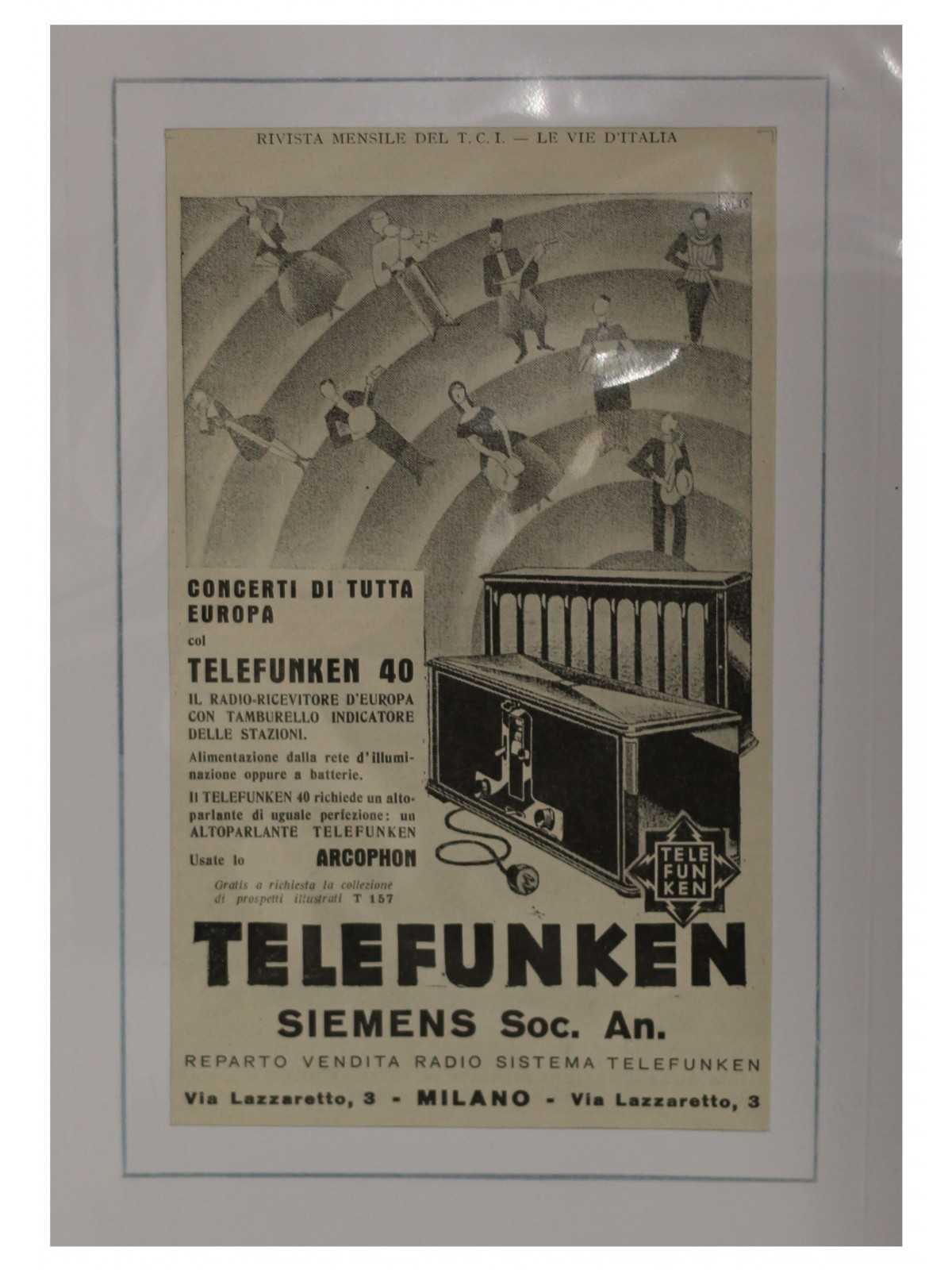 1923 TELEFUNKEN SIEMENS SOC. AN. RADIO PUBBLICITA' D'EPOCA - ORIGINALE -
