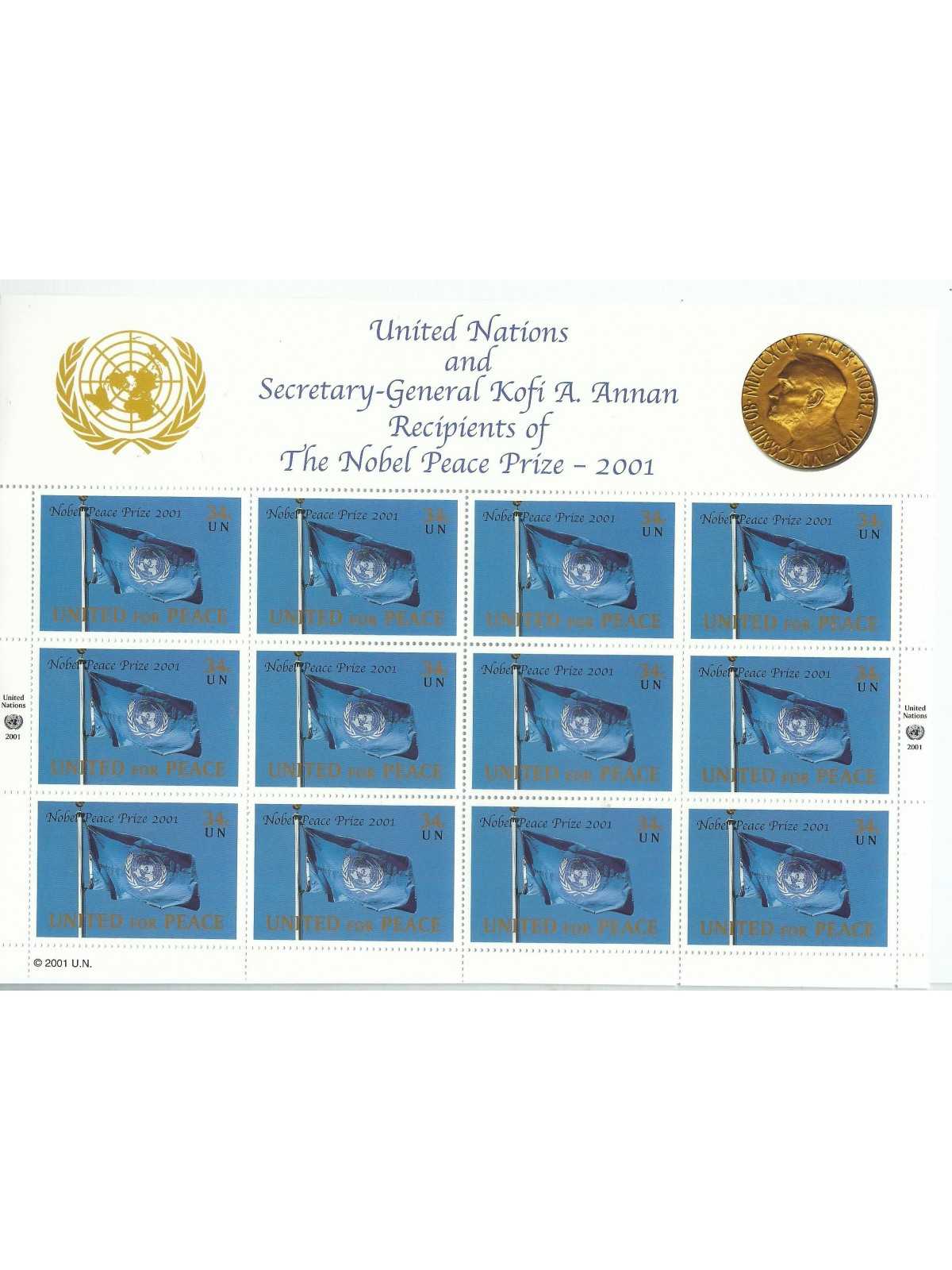 2001 ONU O.N.U. NEW YORK PREMIO NOBEL PER LA PACE KOFI A. ANNAN MINIFOGLIO 1 MF MNH MF26092