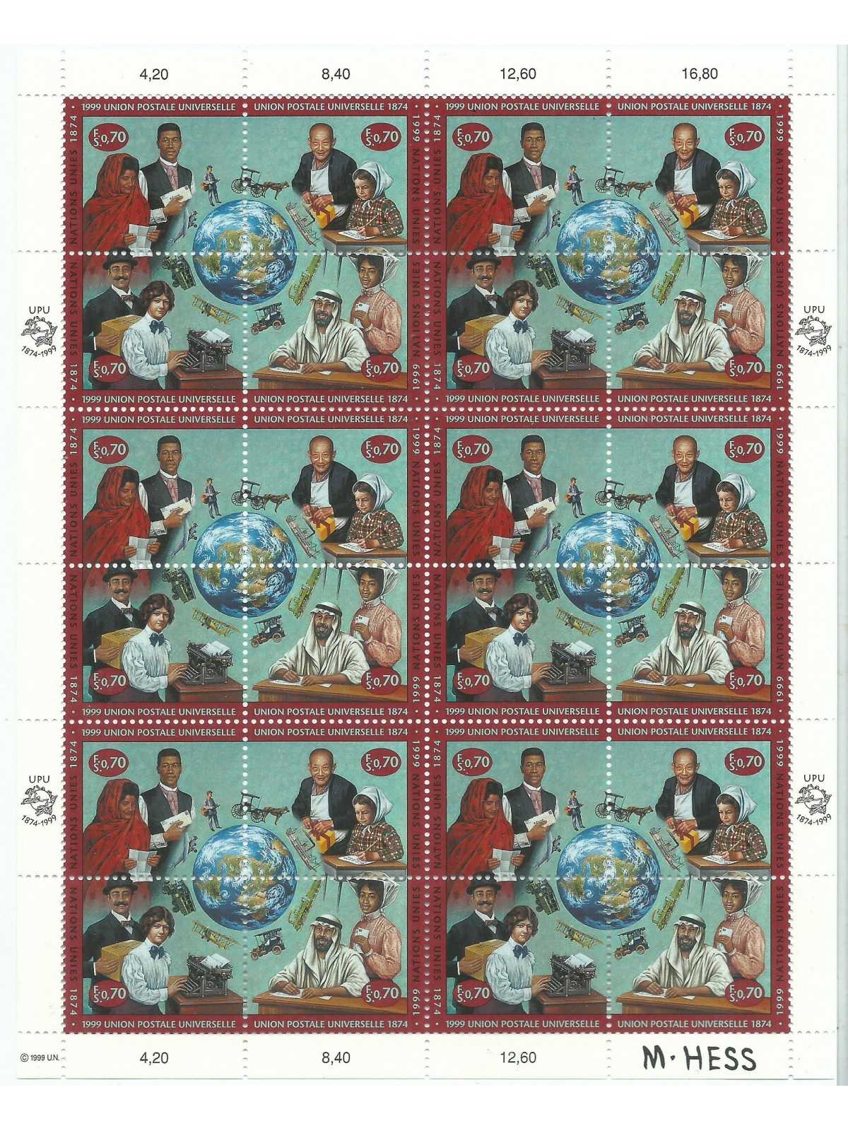 1999 ONU O.N.U. GINEVRA 125° ANNIVERS. U.P.U. MINIFOGLIO 1 MF MNH MF26101