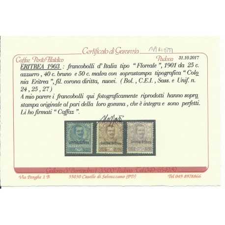 1903 ERITREA ALTI VALORI DELLA SERIE FLOREALE 3 V. MNH CERT. CAFFAZ MF26890
