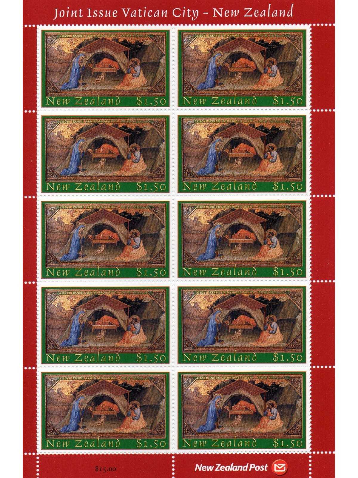 2002 EMISSIONE CONGIUNTA NUOVA ZELANDA VATICANO NATALE MINIFOGLIO MNH MF27874