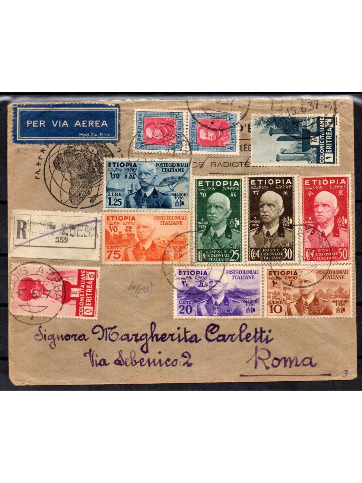 1937 ETIOPIA AEROGRAMMA ADDIS ABEBA / ROMA AFFRANCATURA MISTA CAFFAZ MF28177