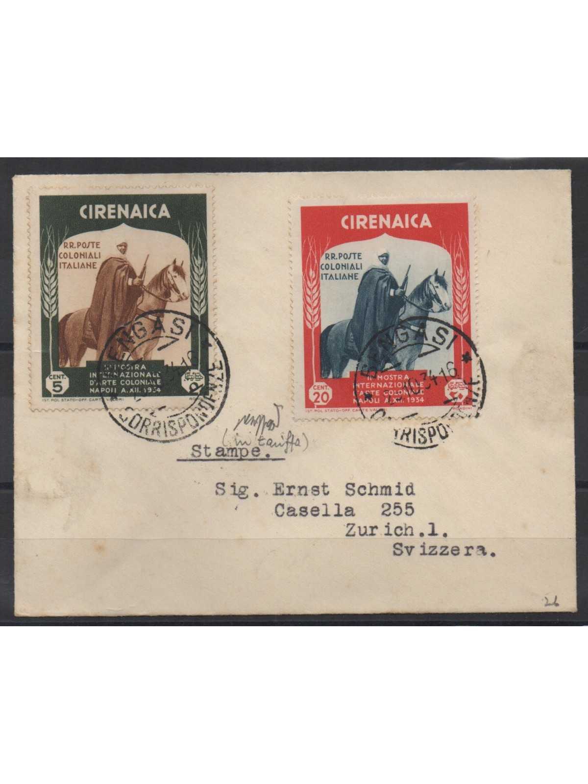 1934 CIRENAICA LETTERA STAMPE DA BENGASI A ZURIGO IN TARIFFA 2 V. CAFFAZ MF28186