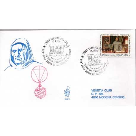 1994 FDC VENETIA 806 ITALIA 500 ANN. DELLA SUMMA ARITMETICA VIAGGIATA MF28524