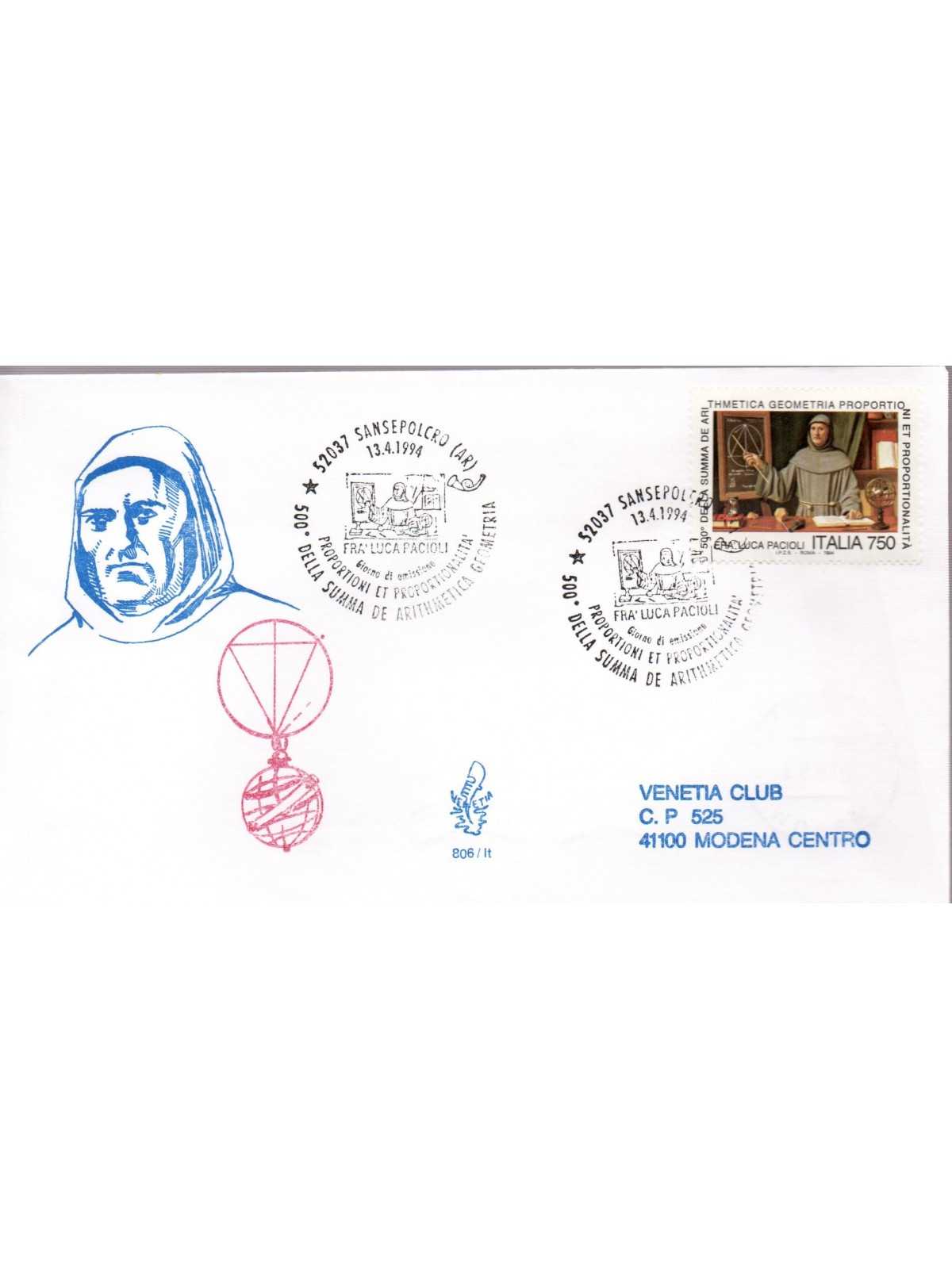 1994 FDC VENETIA 806 ITALIA 500 ANN. DELLA SUMMA ARITMETICA VIAGGIATA MF28524