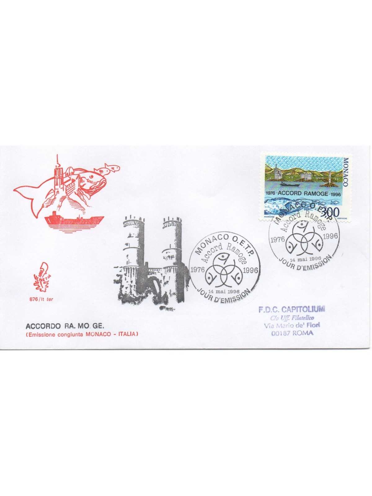 1996 FDC VENETIA 876/IT TER RA.MO.GE. EM. CONGIUNTA ITALIA MONACO VIAGGIATA MF28486