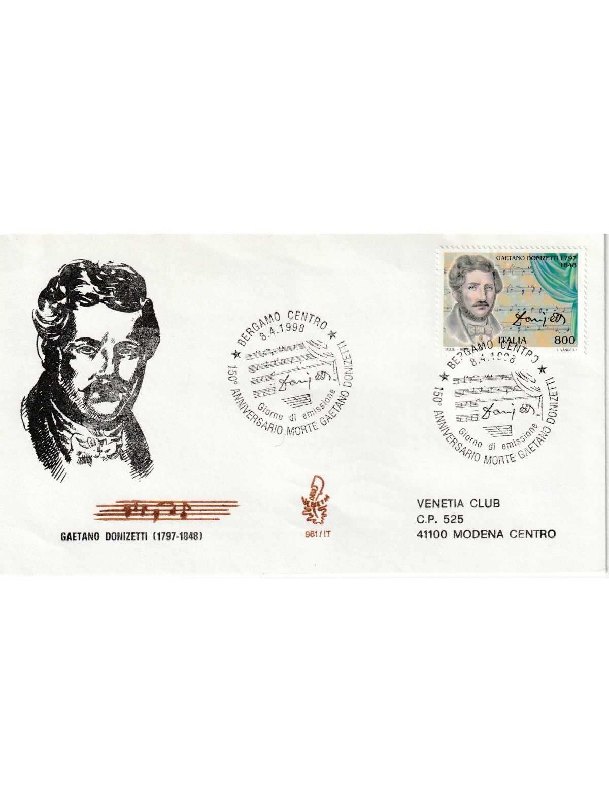 1998 FDC VENETIA 961/IT ITALIA GAETANO DONIZETTI 1797-1848 MF80430