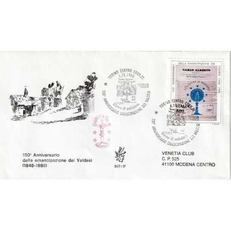 1998 FDC VENETIA 997/IT ITALIA 150 ANN. EMANCIPAZIONE VALDESI MF80467