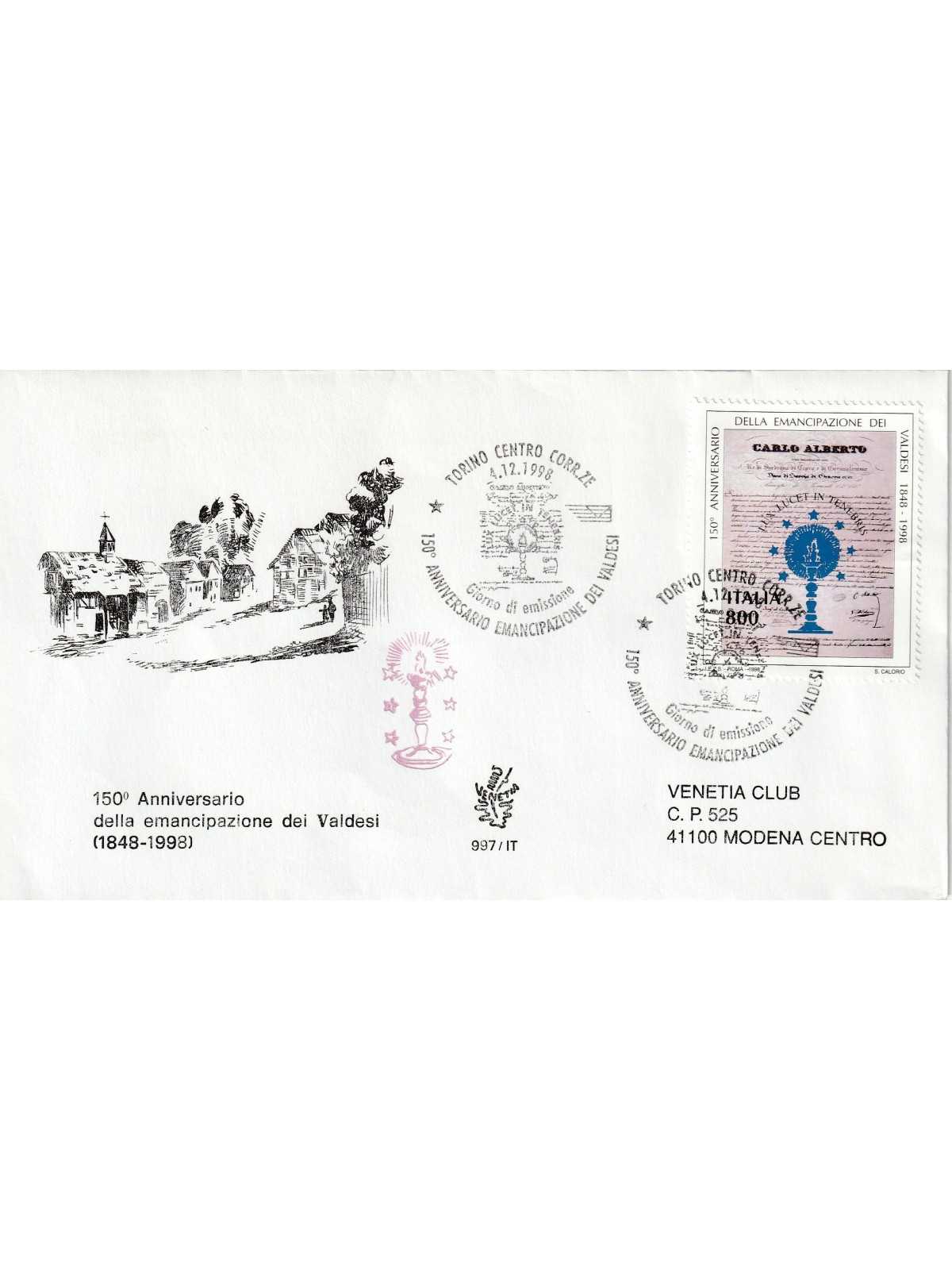 1998 FDC VENETIA 997/IT ITALIA 150 ANN. EMANCIPAZIONE VALDESI MF80467