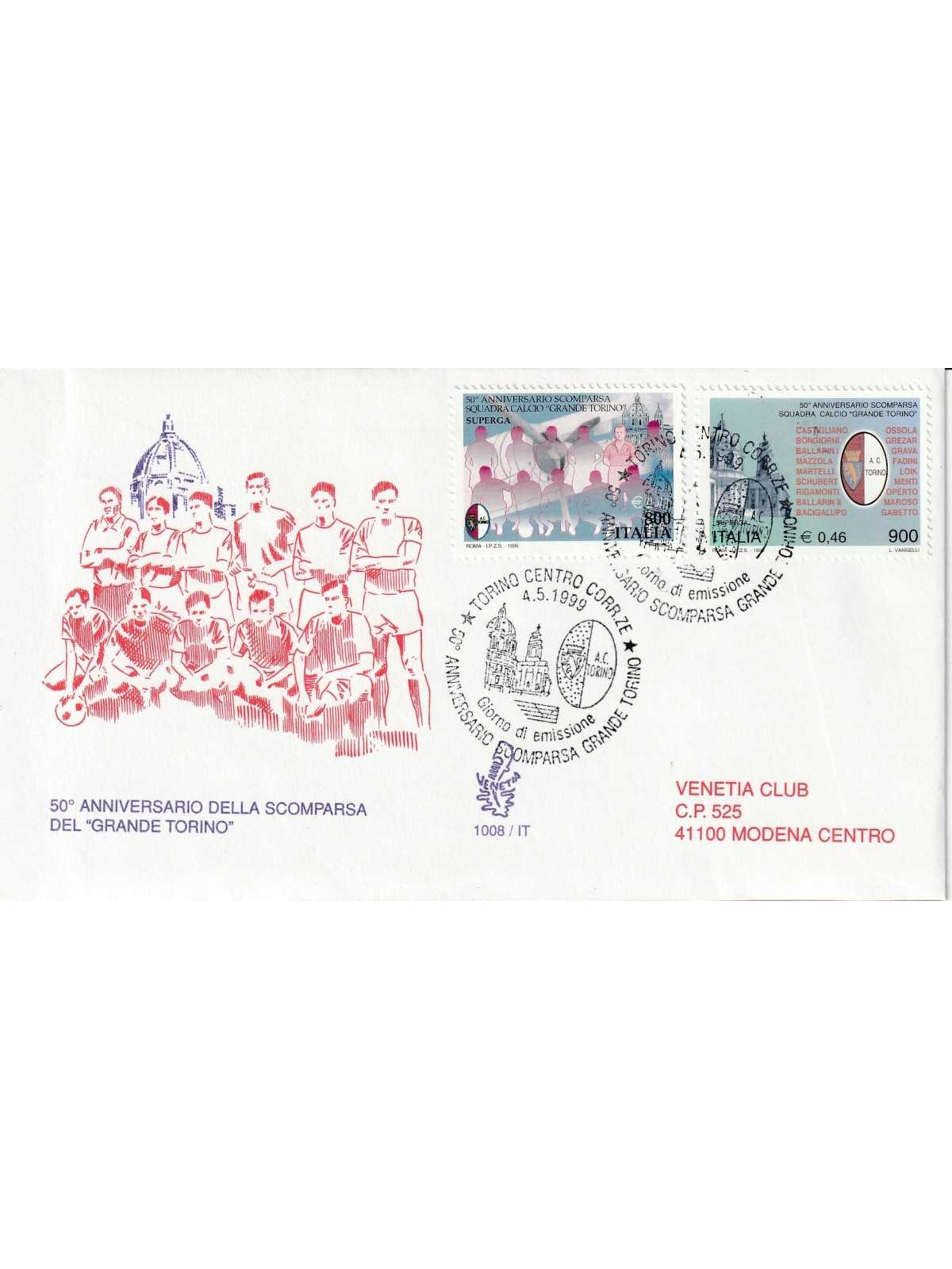 1999 FDC VENETIA 1008/IT ITALIA 50 ANN. SCOMPARSA GRANDE TORINO MF80478