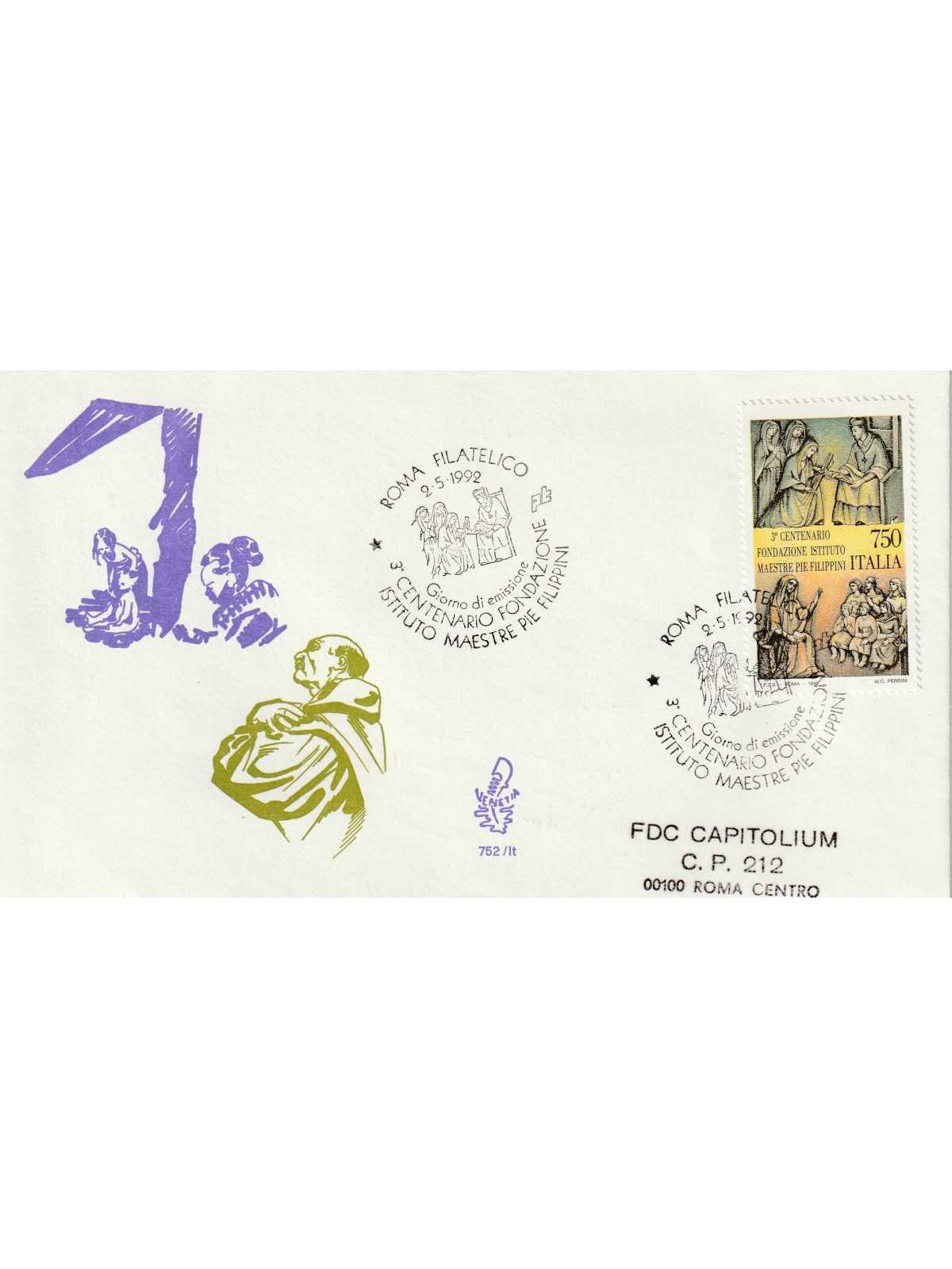 1992 FDC VENETIA 752/IT ITALIA 3 CENT. FOND. FILIPPINI MF80100