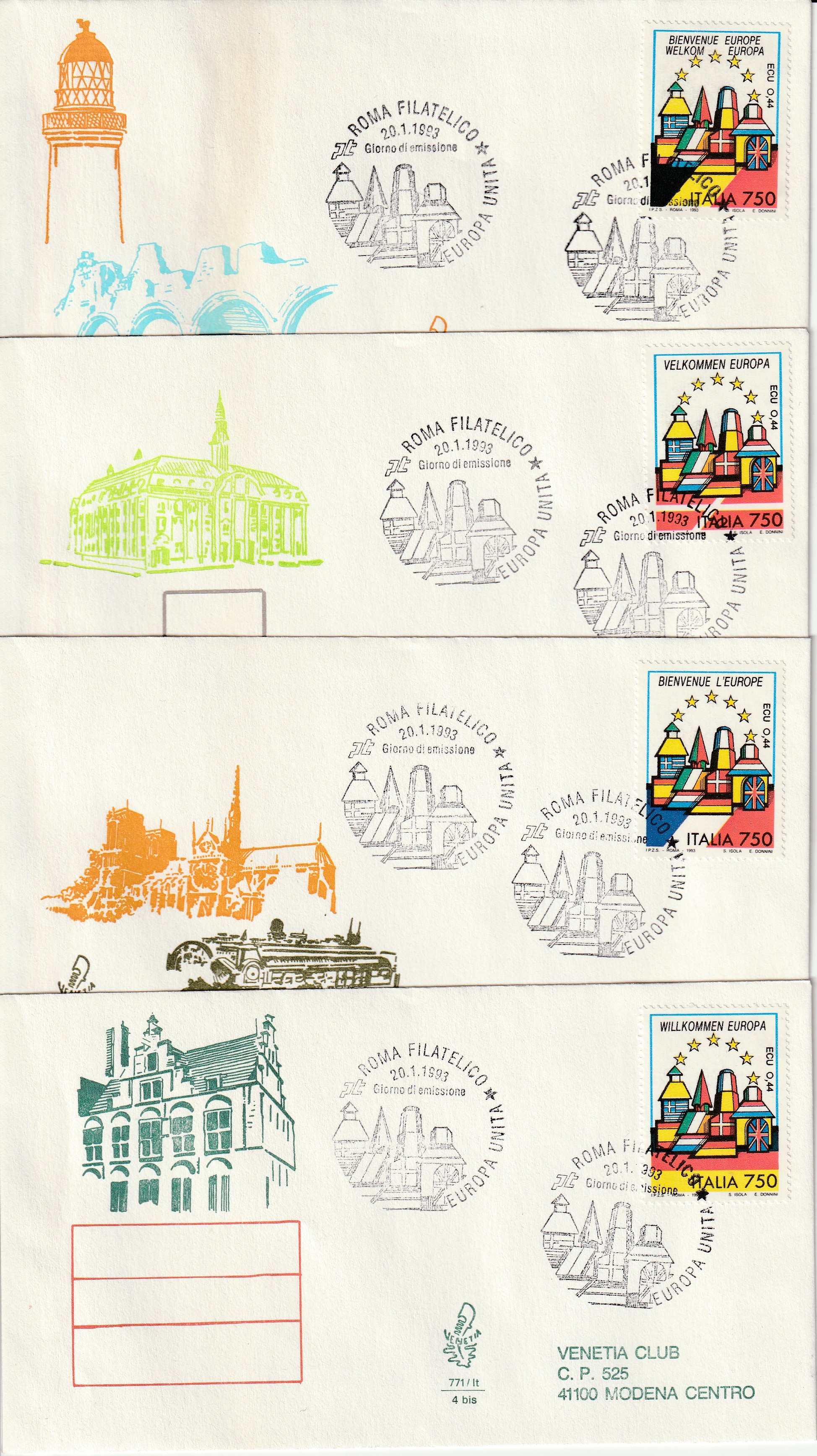 1993 FDC VENETIA 771/IT/BIS ITALIA BENVENUTA EUROPA GIRO COMPLETO VIAGGIATE MF80 - Picture 1 of 3