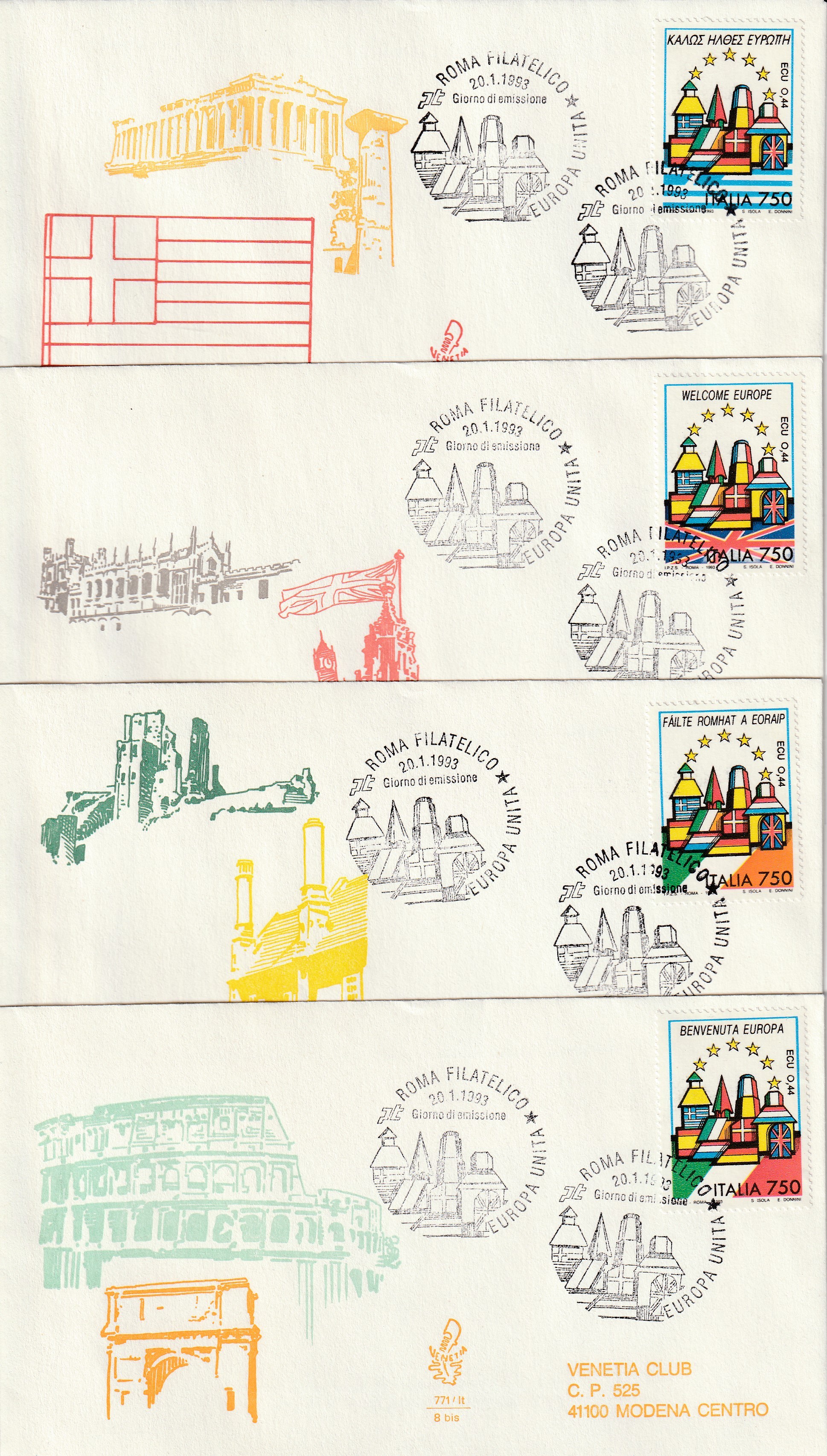 1993 FDC VENETIA 771/IT/BIS ITALIA BENVENUTA EUROPA GIRO COMPLETO VIAGGIATE MF80 - Picture 2 of 3