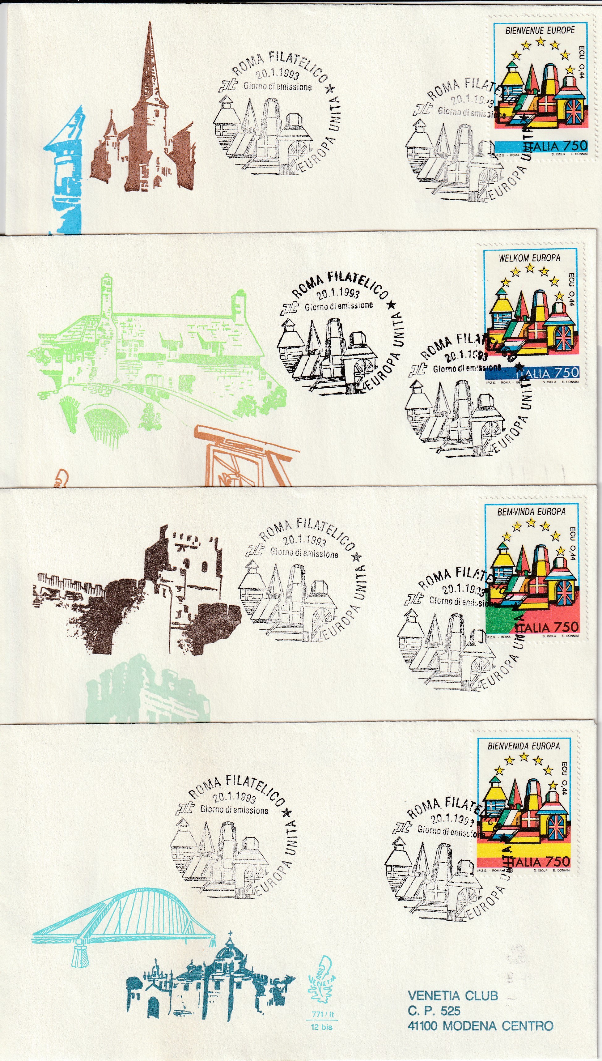 1993 FDC VENETIA 771/IT/BIS ITALIA BENVENUTA EUROPA GIRO COMPLETO VIAGGIATE MF80 - Picture 3 of 3