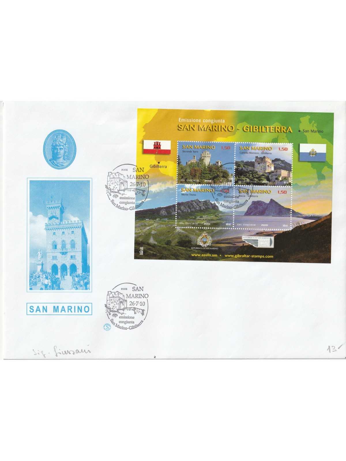 2010 FDC FILAGRANO SAN MARINO S.MARINO-GIBILTERRA EM.CONG. BF MF81360