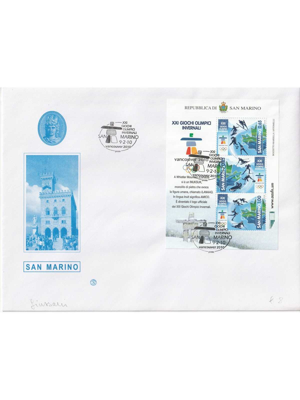 2010 FDC FILAGRANO SAN MARINO XXI GIOCHI OLIMPICI INVERNALI BF MF81363