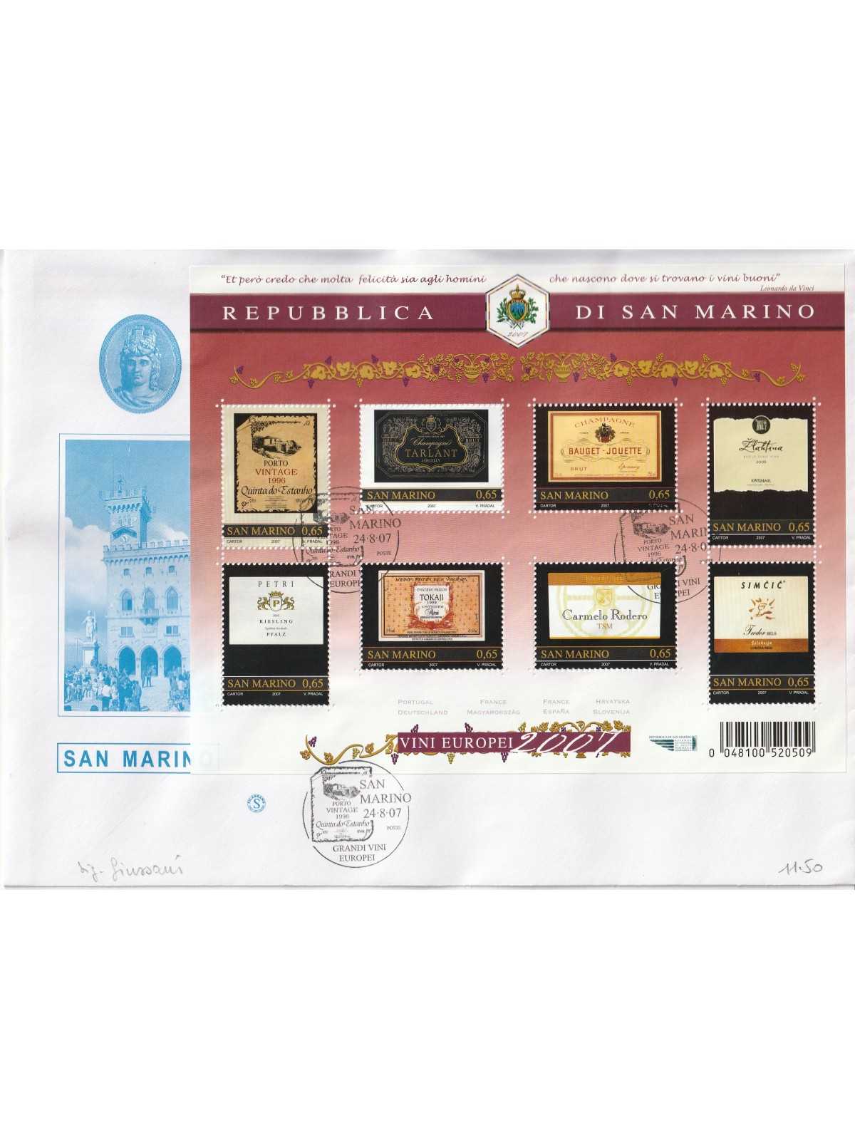 2007 FDC FILAGRANO SAN MARINO VINI EUROPEI BF MF81367