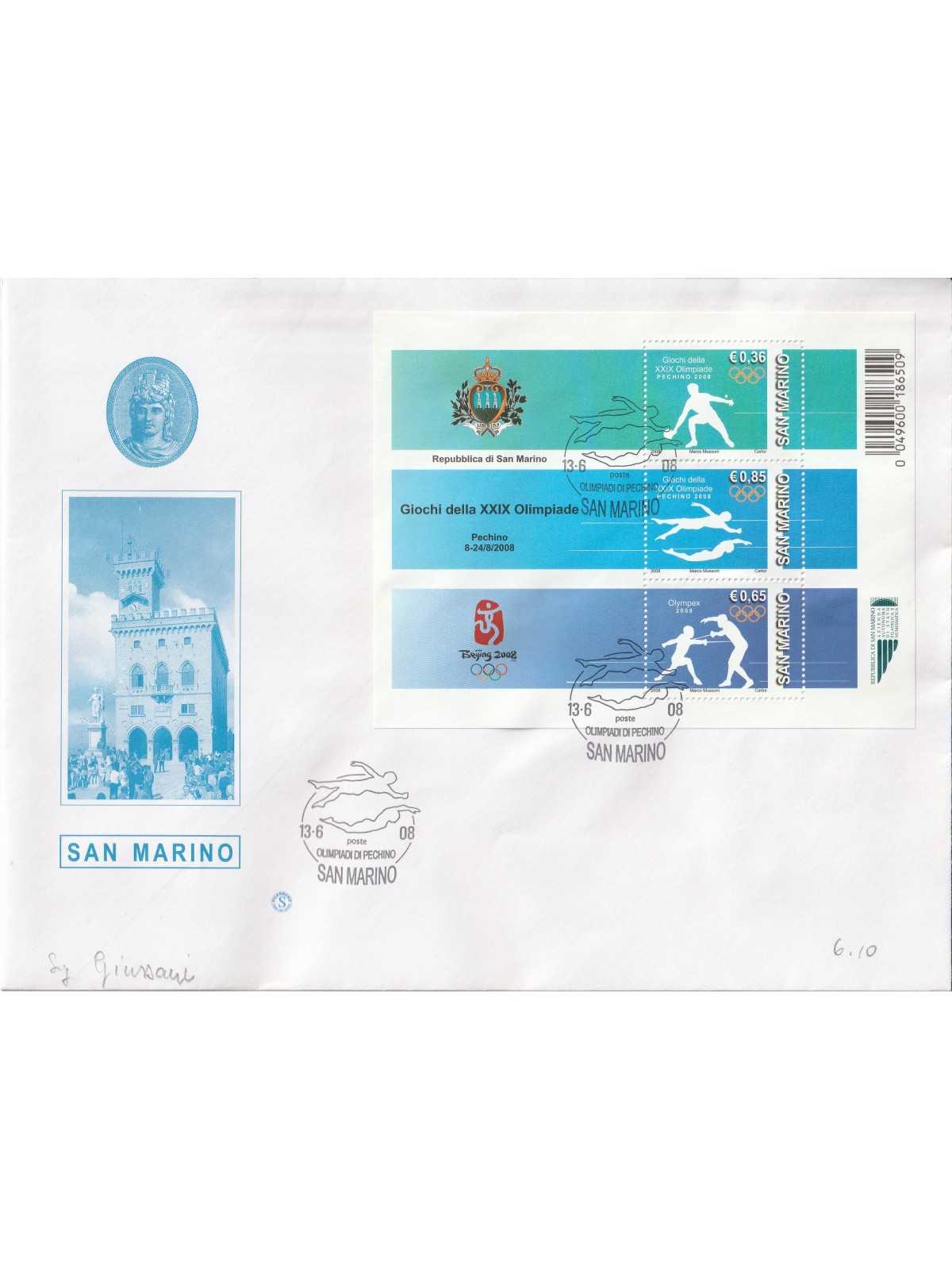 2008 FDC FILAGRANO SAN MARINO XXIX OLIMPIADI PECHINO BF MF81369