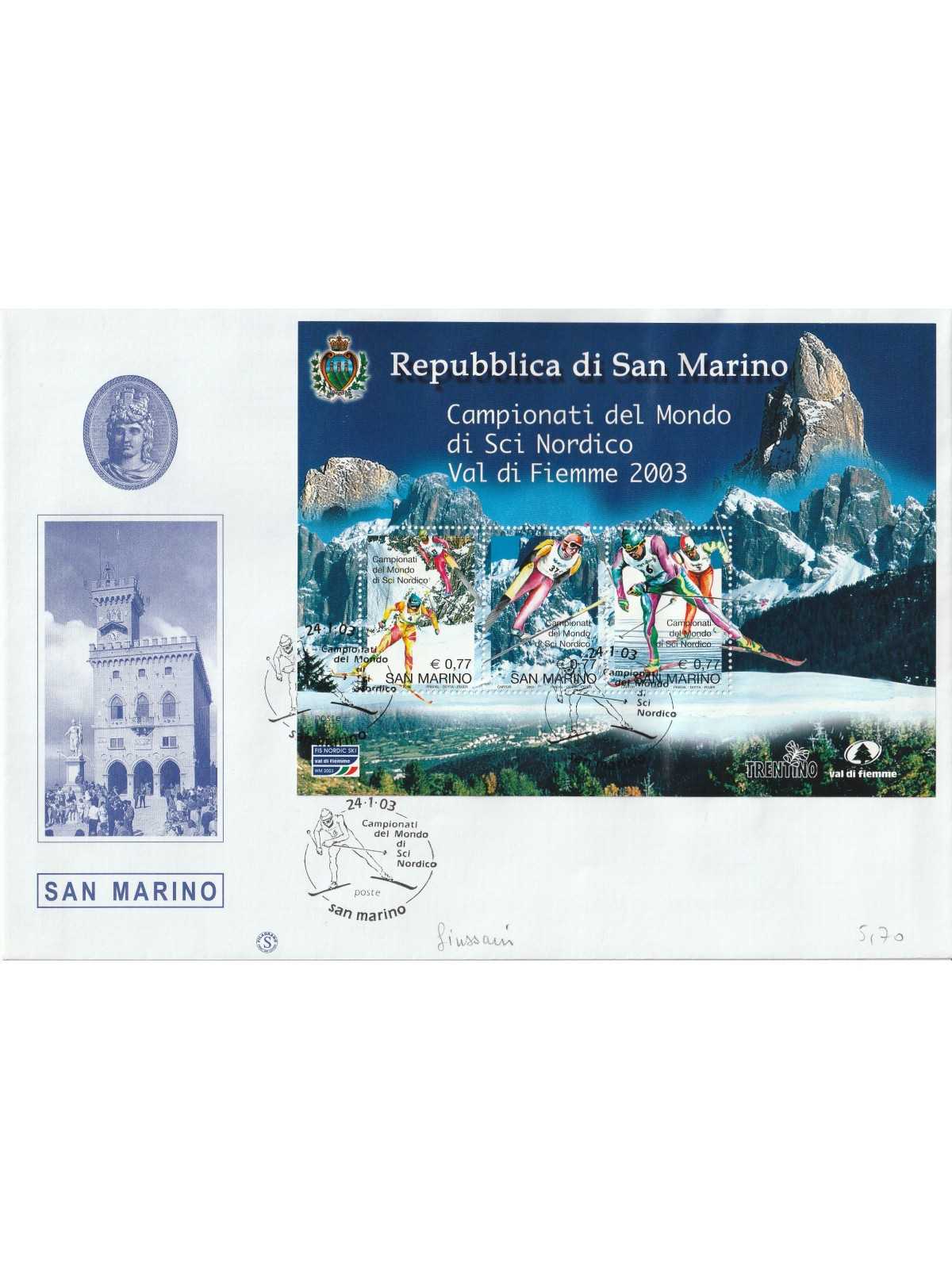 2003 FDC FILAGRANO SAN MARINO CAMP. MOND. SCI BF MF81495