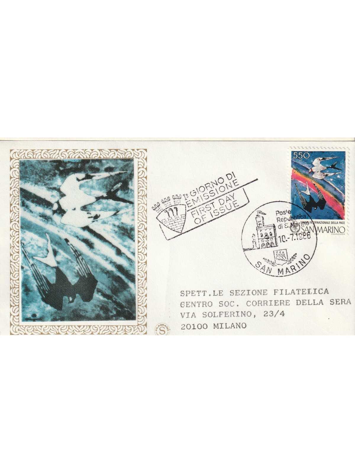 1986 FDC FILAGRANO SAN MARINO ANNO INT. DELLA PACE MF81719