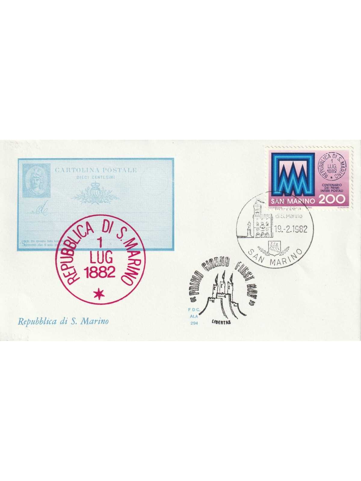 1982 FDC ALA SAN MARINO CENT. PRIMI INTERI POSTALI MF81879