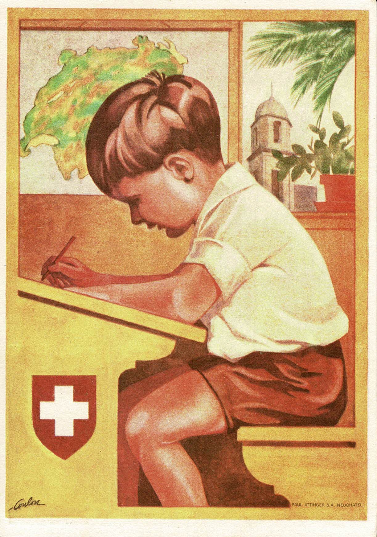 1930 SVIZZERA CARTOLINA FESTA NAZIONALE RAGAZZO BANCO SCUOLA 40 Rp NUOVA MF67740 - Foto 1 di 2