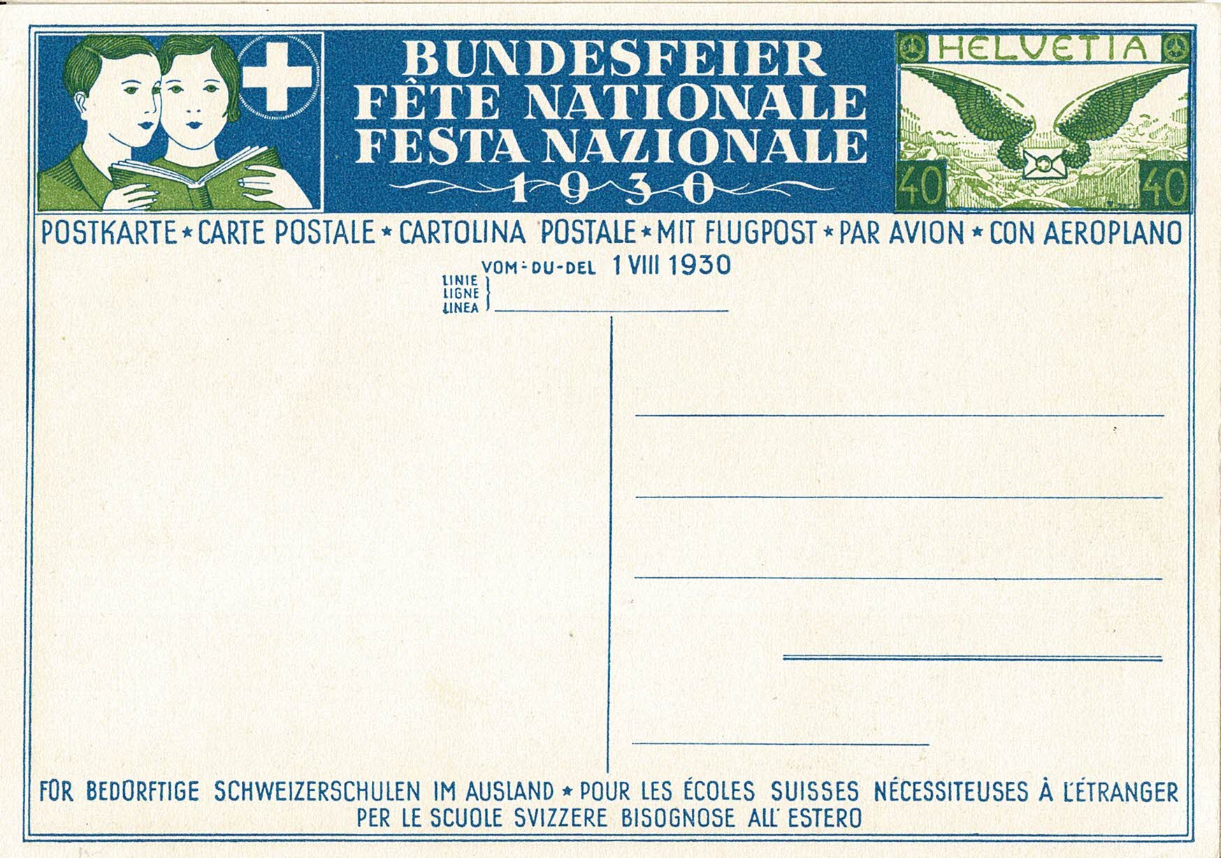 1930 SVIZZERA CARTOLINA FESTA NAZIONALE RAGAZZO BANCO SCUOLA 40 Rp NUOVA MF67740 - Foto 2 di 2